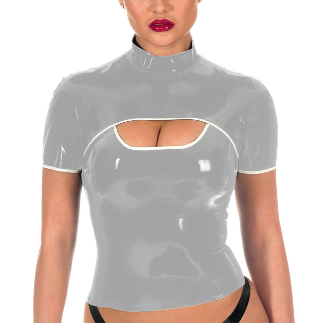 Women Sexy Shiny PVC Tee Tops Wet Look Bodycon Short Sleeve T-shirt Faux Leather Zipper Turtleneck Punk Club Party Wear Costumes