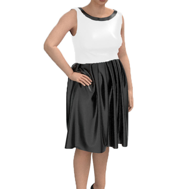 Sleeveless Lady Dress Sexy Tank Midi Pleated Dress Shiny Patent Leather Bodycon Vestidos Round Neck Chic Casual Street Wear