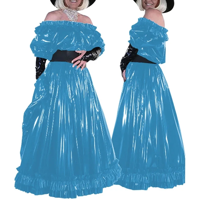 Sissy Wetlook Off Shoulder Puff Sleeve Maxi Dress Sexy Party Slash Neck PVC Shiny Long Vestido Elegant Formal Dresses Cosplay