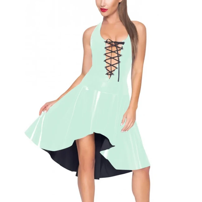 Sexy Hollow Out Women Dress Vinyl PVC Leather Ruffles Sleeveless Pleated Robe Party Wetlook Neck-mounted Irregular Hem Vestidos