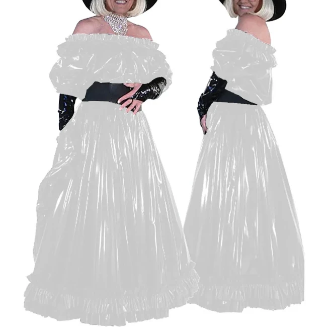 Sissy Wetlook Off Shoulder Puff Sleeve Maxi Dress Sexy Party Slash Neck PVC Shiny Long Vestido Elegant Formal Dresses Cosplay