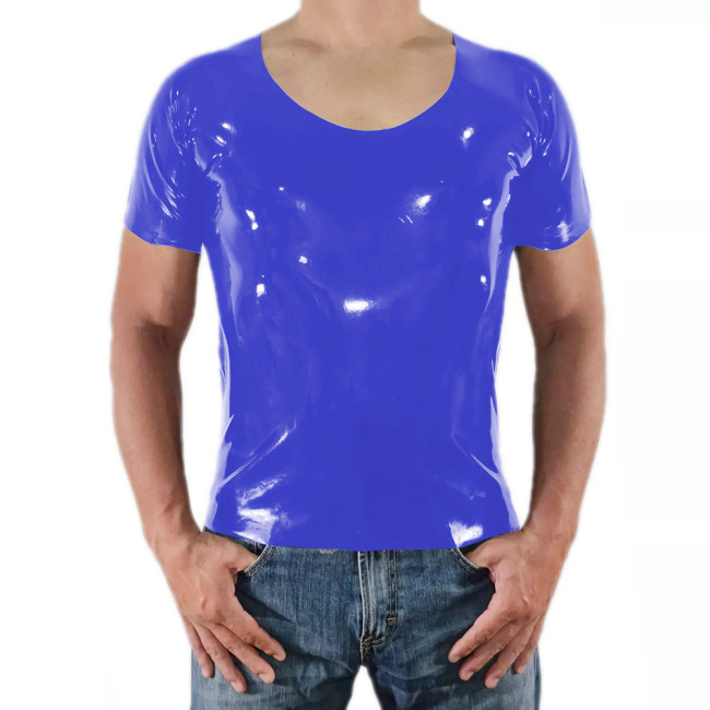 Men Short Sleeve PVC Shiny Tops Male Slim Stretch Wetlook O-Nek T-shirts Fashion Summer Punk Style Bodycon Tee Tops Clubwear