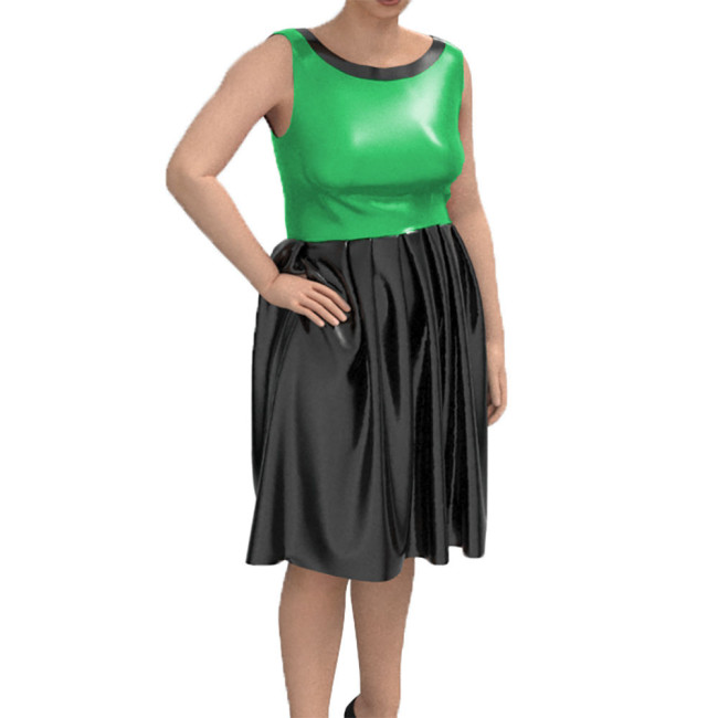 Sleeveless Lady Dress Sexy Tank Midi Pleated Dress Shiny Patent Leather Bodycon Vestidos Round Neck Chic Casual Street Wear