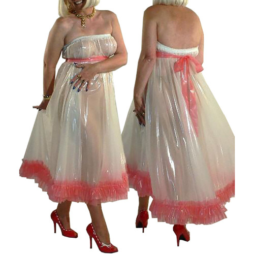 Clear PVC Long Skater Dress Off Shoulder Plastic Vinyl Long Dress Strapless Sleeveless Chest Wrap Party Sexy Exotic Dress Robe