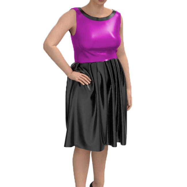 Sleeveless Lady Dress Sexy Tank Midi Pleated Dress Shiny Patent Leather Bodycon Vestidos Round Neck Chic Casual Street Wear