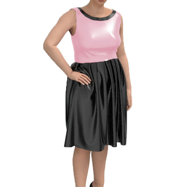 Sleeveless Lady Dress Sexy Tank Midi Pleated Dress Shiny Patent Leather Bodycon Vestidos Round Neck Chic Casual Street Wear