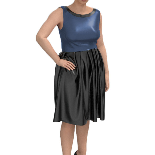 Sleeveless Lady Dress Sexy Tank Midi Pleated Dress Shiny Patent Leather Bodycon Vestidos Round Neck Chic Casual Street Wear