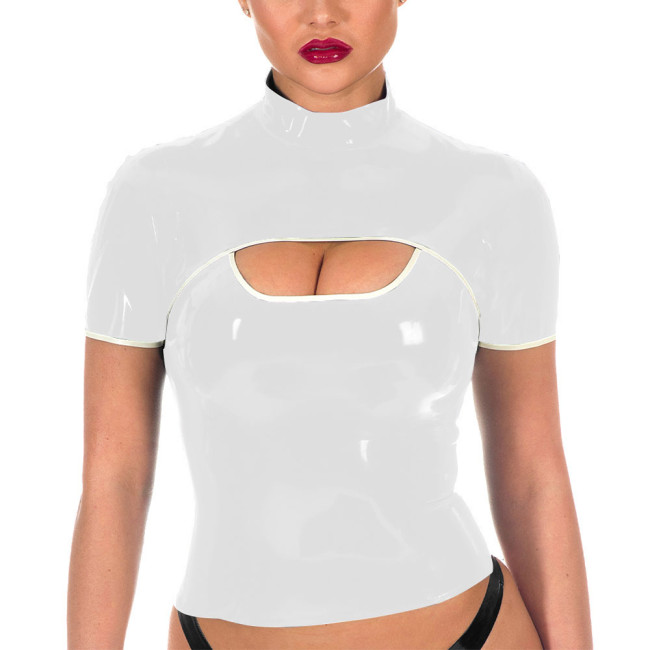 Women Sexy Shiny PVC Tee Tops Wet Look Bodycon Short Sleeve T-shirt Faux Leather Zipper Turtleneck Punk Club Party Wear Costumes