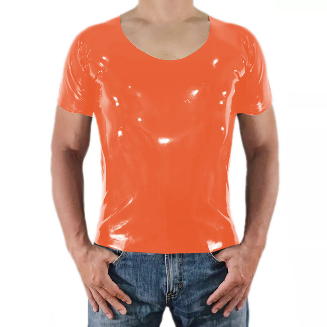 Men Short Sleeve PVC Shiny Tops Male Slim Stretch Wetlook O-Nek T-shirts Fashion Summer Punk Style Bodycon Tee Tops Clubwear