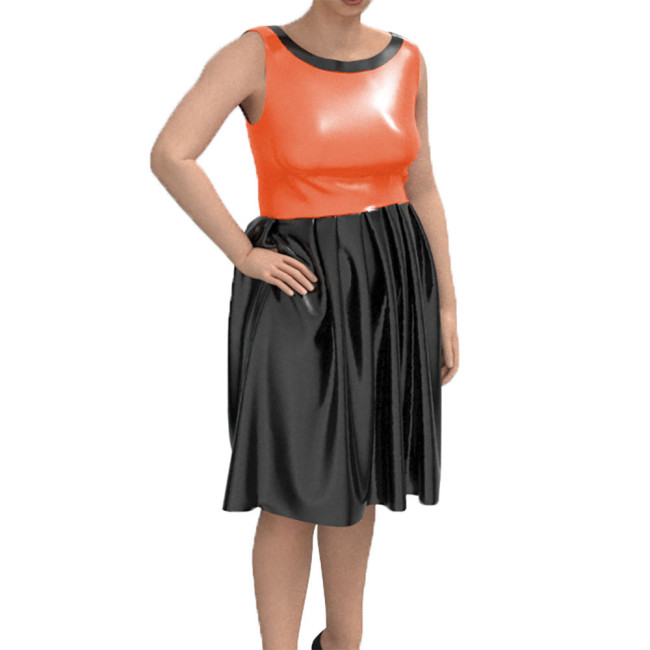 Sleeveless Lady Dress Sexy Tank Midi Pleated Dress Shiny Patent Leather Bodycon Vestidos Round Neck Chic Casual Street Wear
