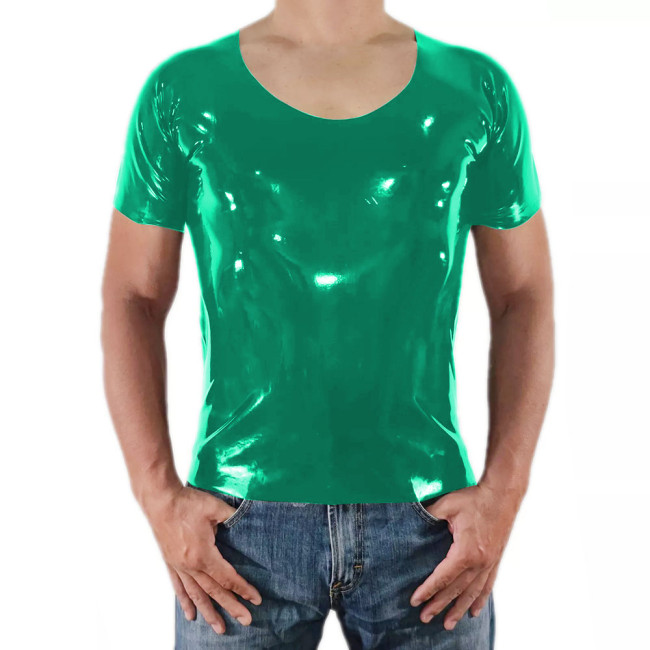 Men Short Sleeve PVC Shiny Tops Male Slim Stretch Wetlook O-Nek T-shirts Fashion Summer Punk Style Bodycon Tee Tops Clubwear