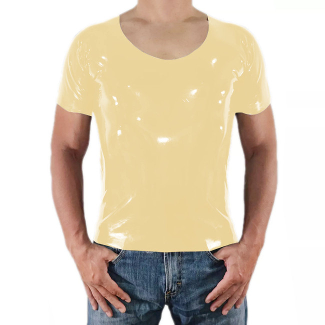 Men Short Sleeve PVC Shiny Tops Male Slim Stretch Wetlook O-Nek T-shirts Fashion Summer Punk Style Bodycon Tee Tops Clubwear