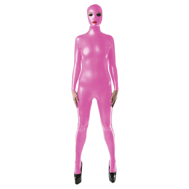 Faux Latex Catsuit Long Sleeve Skinny PVC Patent Leather Playsuit With Mask Gay Sissy Glossy Turtleneck Zentai One-piece Tights