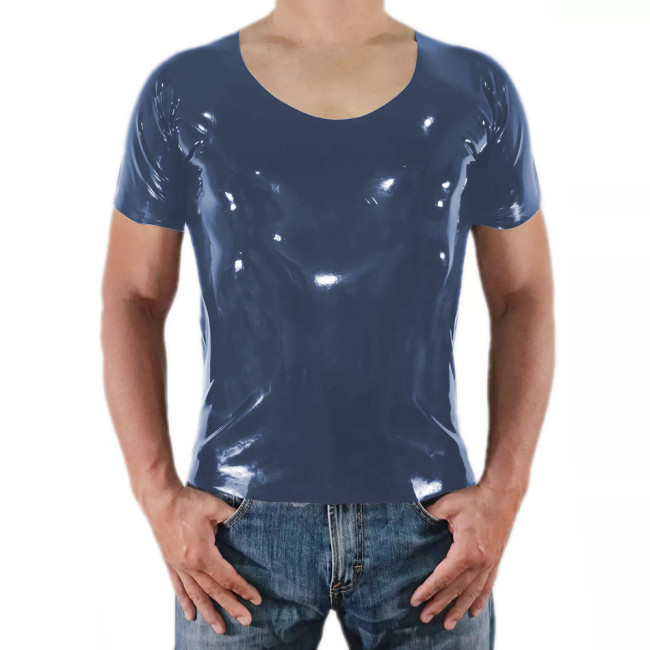 Men Short Sleeve PVC Shiny Tops Male Slim Stretch Wetlook O-Nek T-shirts Fashion Summer Punk Style Bodycon Tee Tops Clubwear