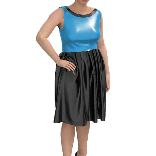 Sleeveless Lady Dress Sexy Tank Midi Pleated Dress Shiny Patent Leather Bodycon Vestidos Round Neck Chic Casual Street Wear