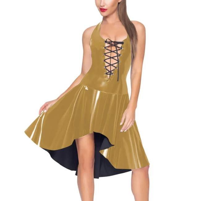 Sexy Hollow Out Women Dress Vinyl PVC Leather Ruffles Sleeveless Pleated Robe Party Wetlook Neck-mounted Irregular Hem Vestidos