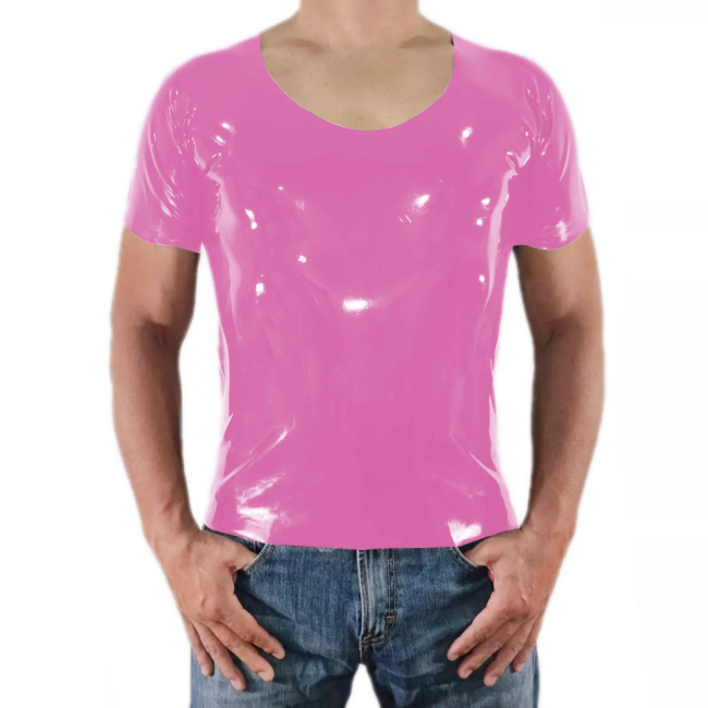 Men Short Sleeve PVC Shiny Tops Male Slim Stretch Wetlook O-Nek T-shirts Fashion Summer Punk Style Bodycon Tee Tops Clubwear