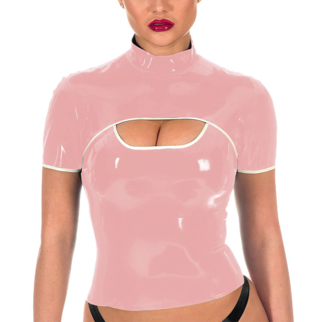 Women Sexy Shiny PVC Tee Tops Wet Look Bodycon Short Sleeve T-shirt Faux Leather Zipper Turtleneck Punk Club Party Wear Costumes