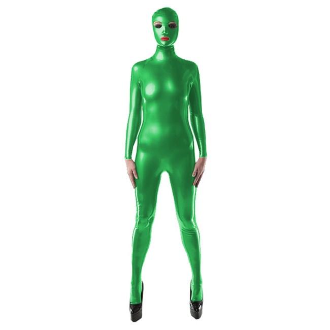 Faux Latex Catsuit Long Sleeve Skinny PVC Patent Leather Playsuit With Mask Gay Sissy Glossy Turtleneck Zentai One-piece Tights