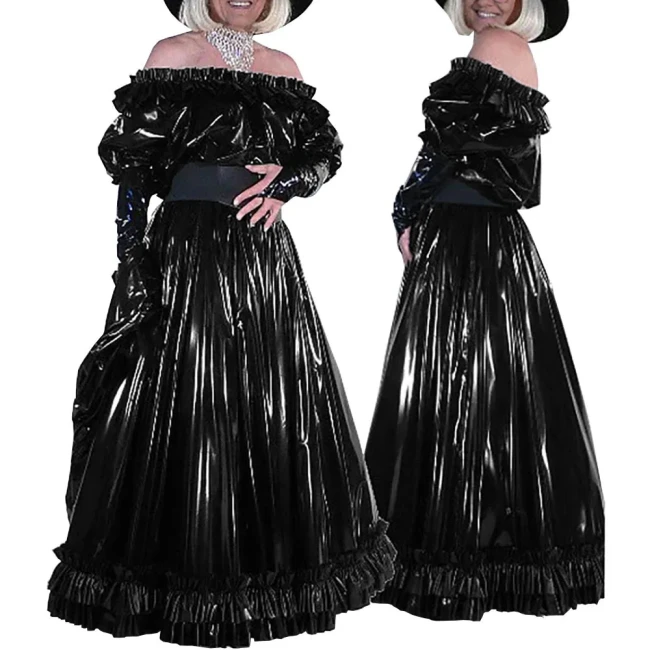 Sissy Wetlook Off Shoulder Puff Sleeve Maxi Dress Sexy Party Slash Neck PVC Shiny Long Vestido Elegant Formal Dresses Cosplay