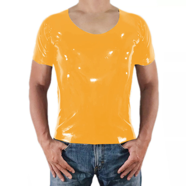 Men Short Sleeve PVC Shiny Tops Male Slim Stretch Wetlook O-Nek T-shirts Fashion Summer Punk Style Bodycon Tee Tops Clubwear