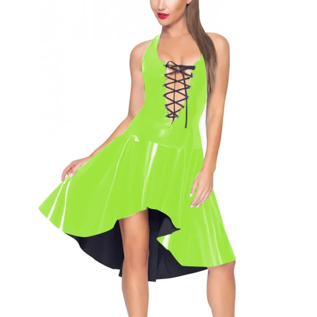 Sexy Hollow Out Women Dress Vinyl PVC Leather Ruffles Sleeveless Pleated Robe Party Wetlook Neck-mounted Irregular Hem Vestidos