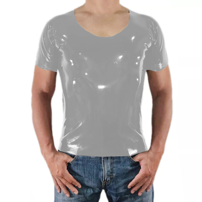 Men Short Sleeve PVC Shiny Tops Male Slim Stretch Wetlook O-Nek T-shirts Fashion Summer Punk Style Bodycon Tee Tops Clubwear