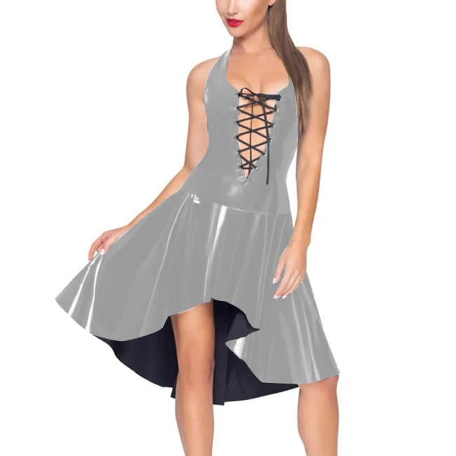 Sexy Hollow Out Women Dress Vinyl PVC Leather Ruffles Sleeveless Pleated Robe Party Wetlook Neck-mounted Irregular Hem Vestidos