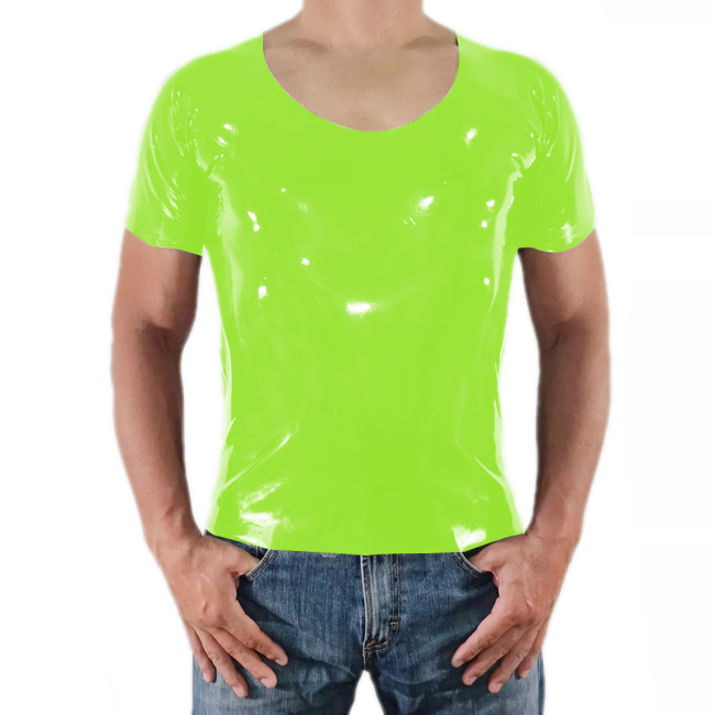 Men Short Sleeve PVC Shiny Tops Male Slim Stretch Wetlook O-Nek T-shirts Fashion Summer Punk Style Bodycon Tee Tops Clubwear
