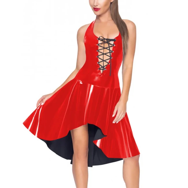 Sexy Hollow Out Women Dress Vinyl PVC Leather Ruffles Sleeveless Pleated Robe Party Wetlook Neck-mounted Irregular Hem Vestidos