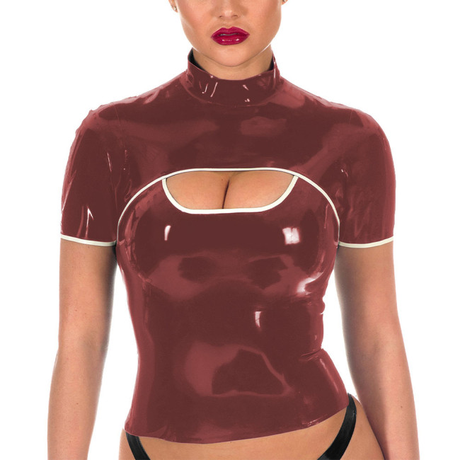 Women Sexy Shiny PVC Tee Tops Wet Look Bodycon Short Sleeve T-shirt Faux Leather Zipper Turtleneck Punk Club Party Wear Costumes