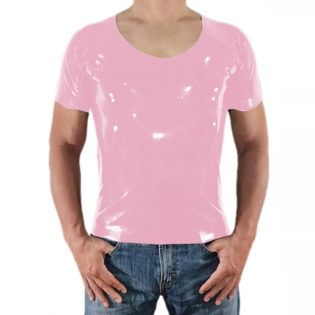 Men Short Sleeve PVC Shiny Tops Male Slim Stretch Wetlook O-Nek T-shirts Fashion Summer Punk Style Bodycon Tee Tops Clubwear