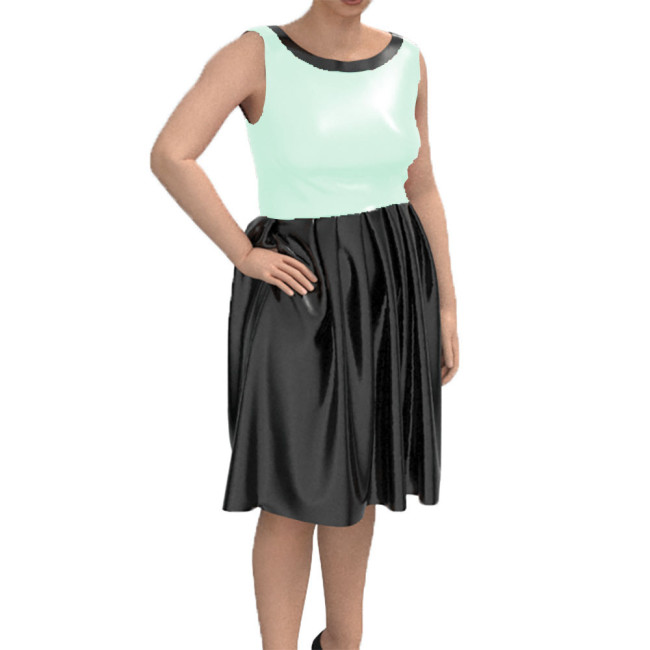 Sleeveless Lady Dress Sexy Tank Midi Pleated Dress Shiny Patent Leather Bodycon Vestidos Round Neck Chic Casual Street Wear