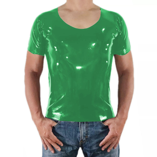 Men Short Sleeve PVC Shiny Tops Male Slim Stretch Wetlook O-Nek T-shirts Fashion Summer Punk Style Bodycon Tee Tops Clubwear