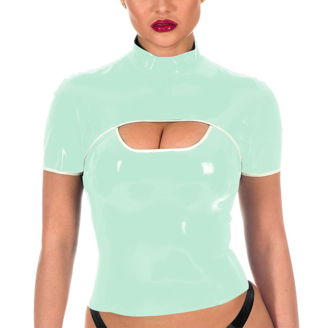 Women Sexy Shiny PVC Tee Tops Wet Look Bodycon Short Sleeve T-shirt Faux Leather Zipper Turtleneck Punk Club Party Wear Costumes