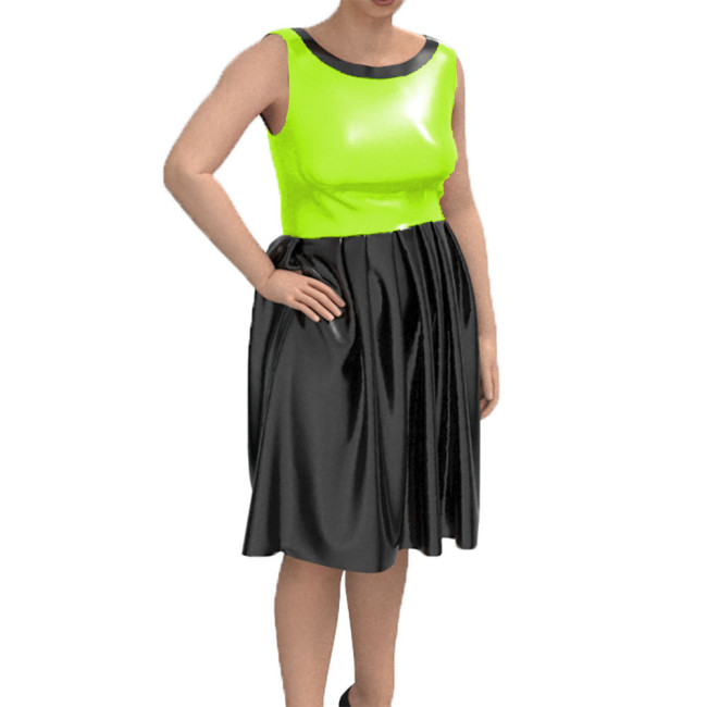 Sleeveless Lady Dress Sexy Tank Midi Pleated Dress Shiny Patent Leather Bodycon Vestidos Round Neck Chic Casual Street Wear