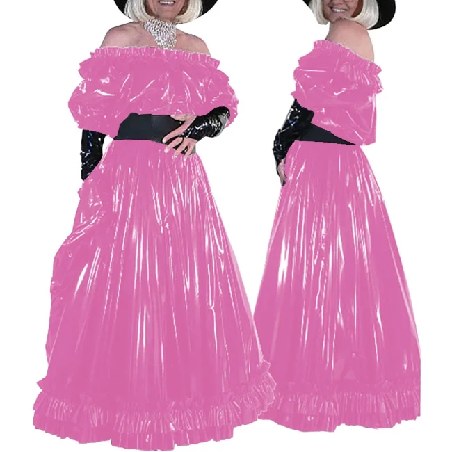Sissy Wetlook Off Shoulder Puff Sleeve Maxi Dress Sexy Party Slash Neck PVC Shiny Long Vestido Elegant Formal Dresses Cosplay