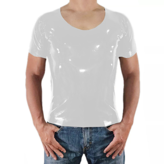 Men Short Sleeve PVC Shiny Tops Male Slim Stretch Wetlook O-Nek T-shirts Fashion Summer Punk Style Bodycon Tee Tops Clubwear