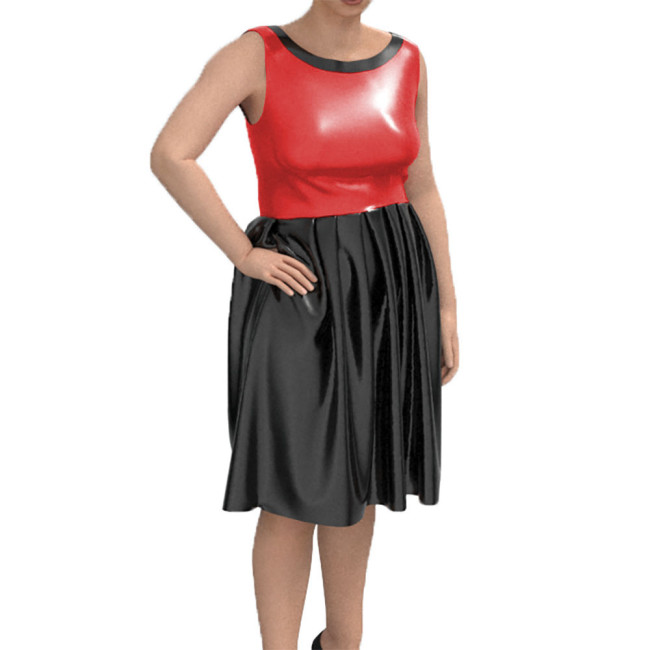 Sleeveless Lady Dress Sexy Tank Midi Pleated Dress Shiny Patent Leather Bodycon Vestidos Round Neck Chic Casual Street Wear