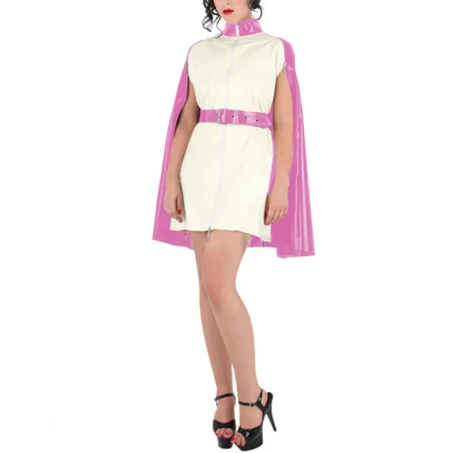Wetlook Chic Turtleneck Mini Dress Capes Sissy Buckle PVC Shiny Cloak Tops Fashion Party Patchwork A-line Ponchos Clubwear