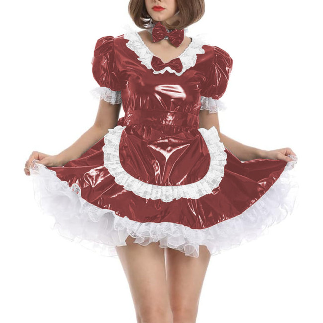 Men Sissy Cute Lolita Cosplay Costume PVC Leather Women Maid Outfit Vinyl Patent Leather Short Puff Sleeve Animation Show Outfit