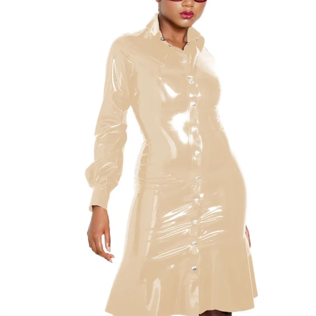 Single Row Button Up Dress Turn-down Collar Long Sleeved Dress Wetlook PVC Leather Female Clothing Fashion High Street Attire