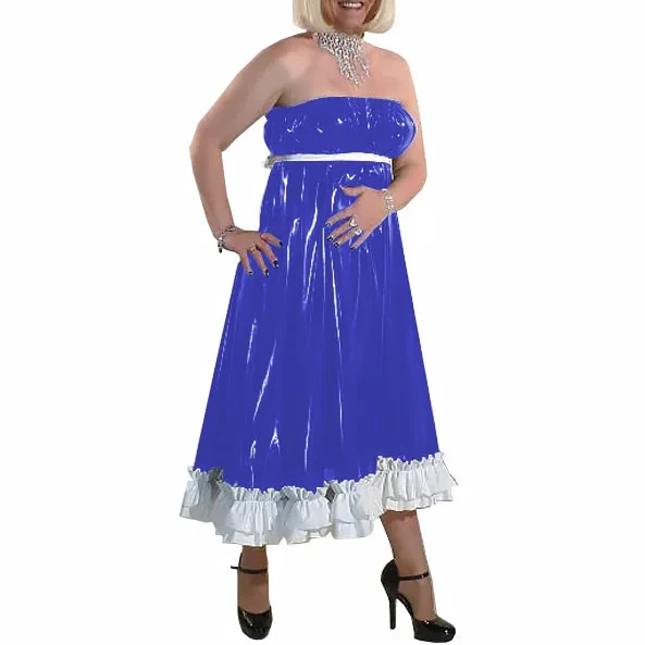 Women Long Party Evening Dresses PVC Leather Starpless Elegance Ankle-length Dress Female High Waist Ruffled Dresses Night Party