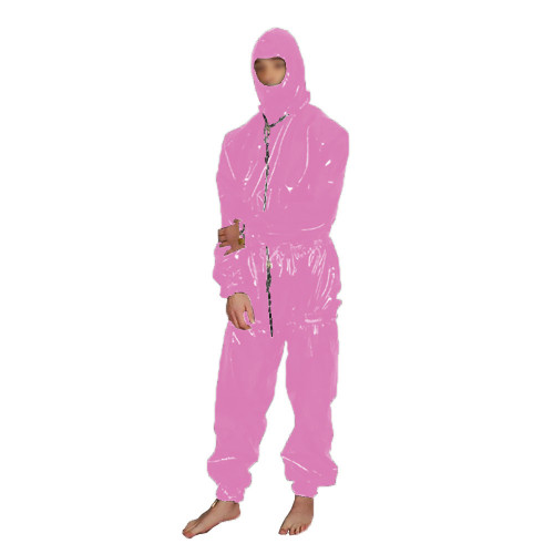 Lockable PVC Catsuit Patent Leather Loose Hooded Bodysuits Sexy Hot Wet Look Tights Shiny PU Leather Long Sleeve Overall Cosplay