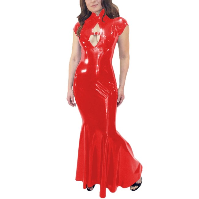 Wetlook Mermaid Dress Women Elegant Glossy PVC Leather Maxi Dress Party Sexy Stretch PU Slim Dresses Front Hollow Out Long Dress