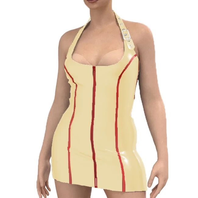 Fetish Queen Sexy Women Bodycon Dress Adjustable Halter Dress Front Zipper Faux Latex Garment Nightclub Rave Cocktail Outfits