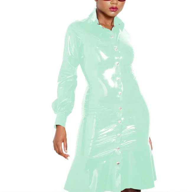 Single Row Button Up Dress Turn-down Collar Long Sleeved Dress Wetlook PVC Leather Female Clothing Fashion High Street Attire