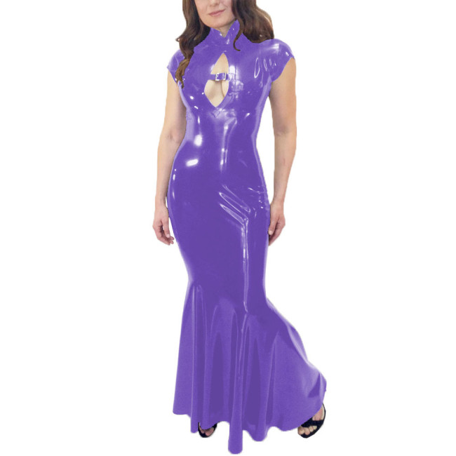 Wetlook Mermaid Dress Women Elegant Glossy PVC Leather Maxi Dress Party Sexy Stretch PU Slim Dresses Front Hollow Out Long Dress