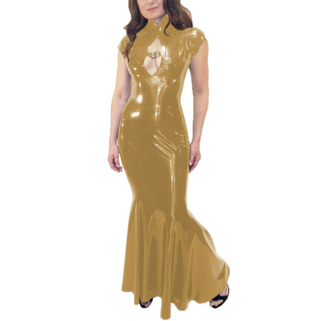 Wetlook Mermaid Dress Women Elegant Glossy PVC Leather Maxi Dress Party Sexy Stretch PU Slim Dresses Front Hollow Out Long Dress