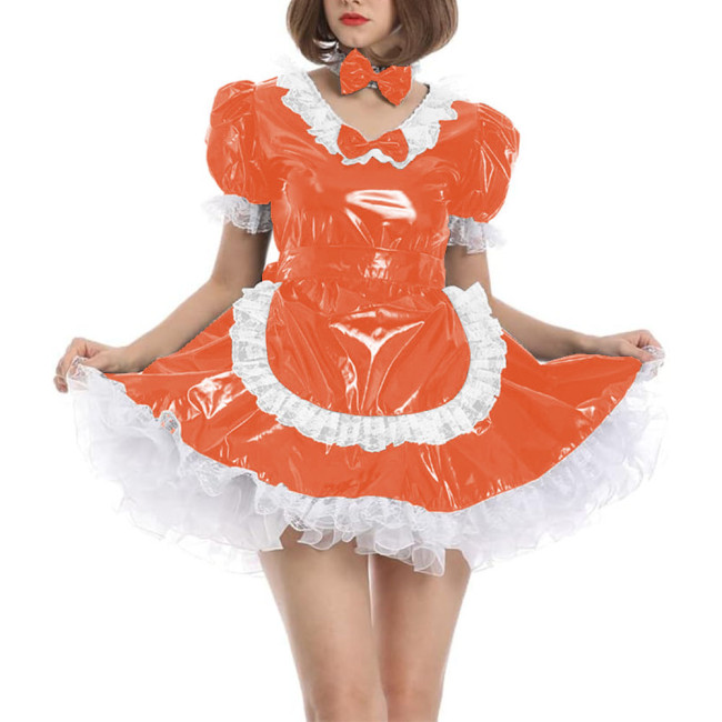 Men Sissy Cute Lolita Cosplay Costume PVC Leather Women Maid Outfit Vinyl Patent Leather Short Puff Sleeve Animation Show Outfit
